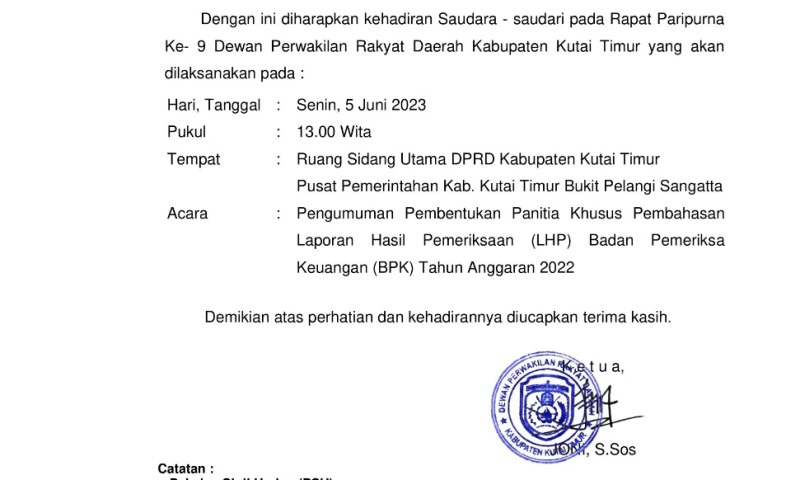 Umumkan Pembentukan Panitia Khusus Pembahasan Laporan Hasil Pemeriksaan BPK, DPRD Kutim Akan Gelar Rapat Paripurna ke-9