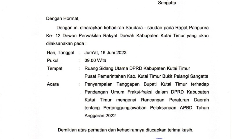 Rapat Paripurna DPRD Kutim Terkait Penyampaian Tanggapan Bupati terhadap Pandangan Umum Fraksi-fraksi Akan Dilaksanakan Besok
