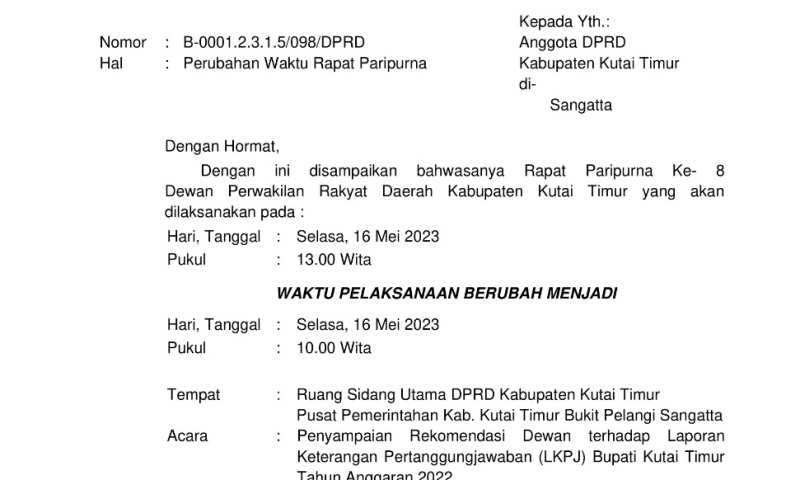 Rapat Paripurna Penyampaian Rekomendasi Dewan terhadap LKPJ Bupati Kutim Dimajukan