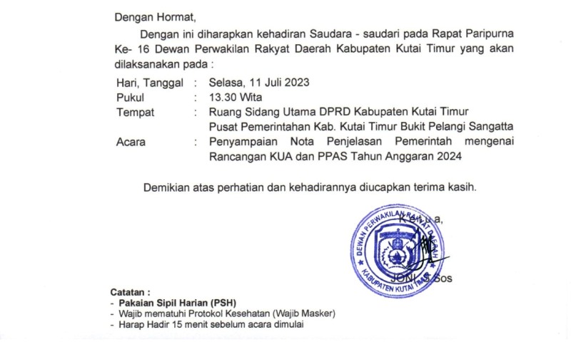 DPRD Kutim Akan Gelar Rapat Paripurna ke-16 untuk Bahas Rancangan KUA dan PPAS Tahun Anggaran 2024