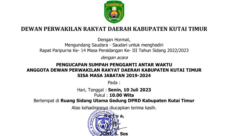 Pengucapan Sumpah Pengganti Antar Waktu Anggota DPRD Kutim Akan Digelar Senin Ini