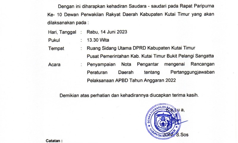 Rapat Paripurna Ke-10 DPRD Kutim Akan Bahas Rancangan Peraturan Daerah tentang Pertanggungjawaban Pelaksanaan APBD 2022